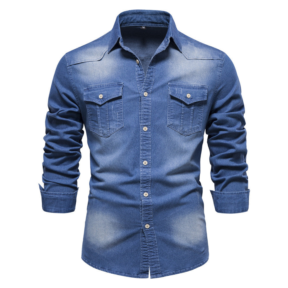 Men'S Long-Sleeved Denim Shirt Casual Solid Button