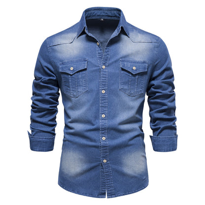 Men'S Long-Sleeved Denim Shirt Casual Solid Button