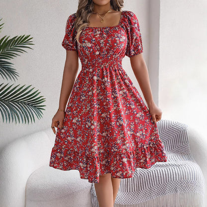 Floral Print Square Collar Dress Summer Ruffles