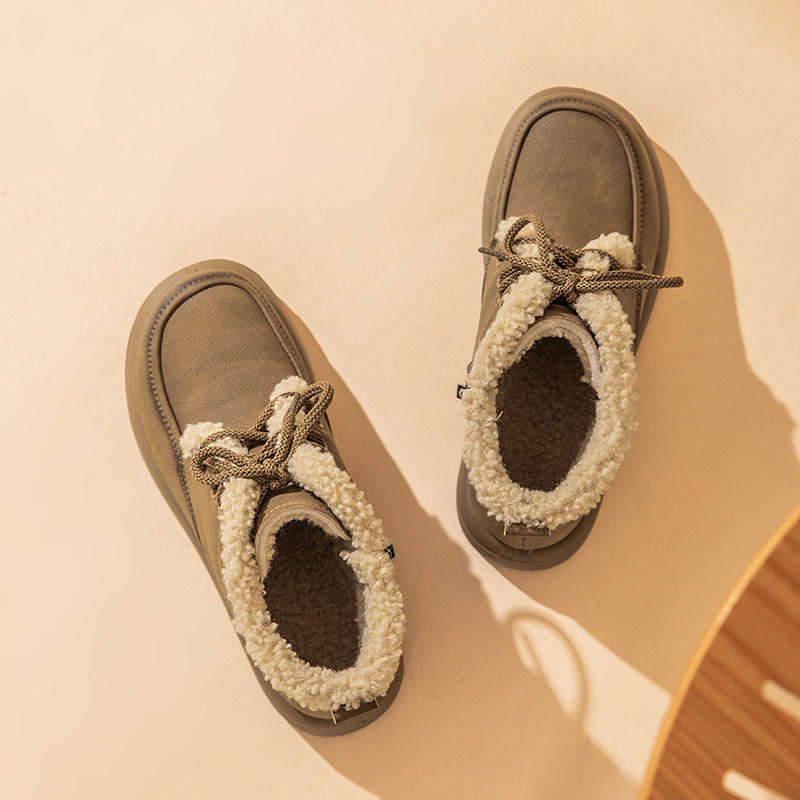 Lace-Up Plush Snow Boots Warm Fleece Flat