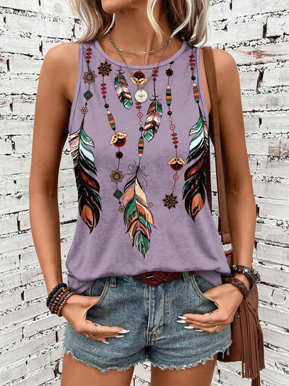 Women'S Feather Print Vest Summer Print