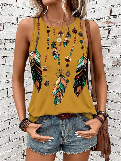 Women'S Feather Print Vest Summer Print