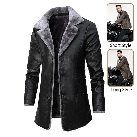 Lapel Leather Jacket Fleece Single-Breasted Coat For