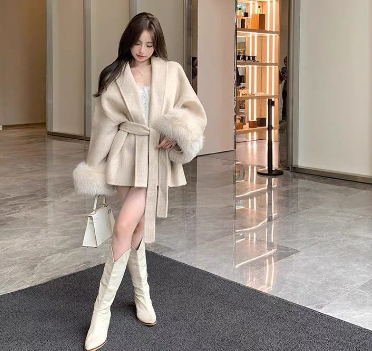 Cuff Detachable Fox Fur Elegant -Sided Cashmere