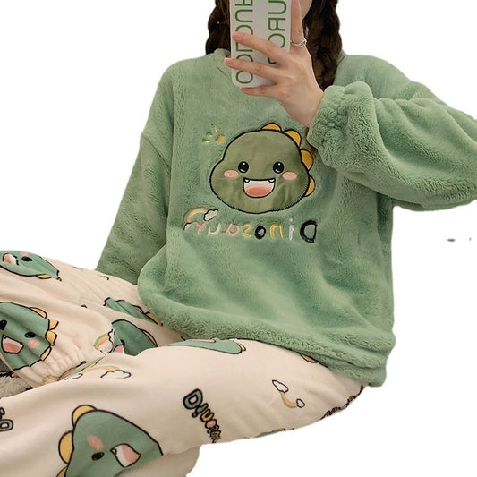 刺繍入り厚手ドローストリングコーラルベルベットパジャマ女の子